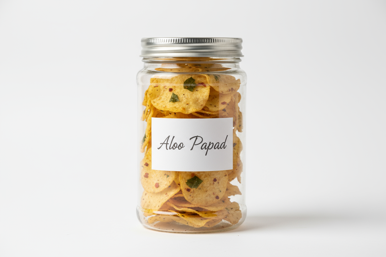 aloo papad in jar with name on it