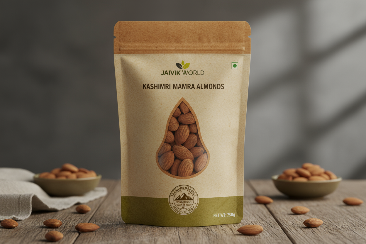 jaivikworld product package of kashmiri mamra almond